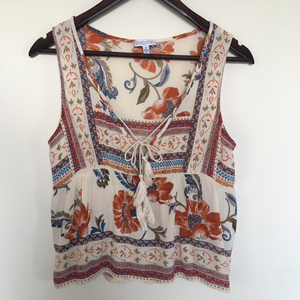 3 for $25. Patrons of Peace Boho Double Tie Tassel Floral Tank Top